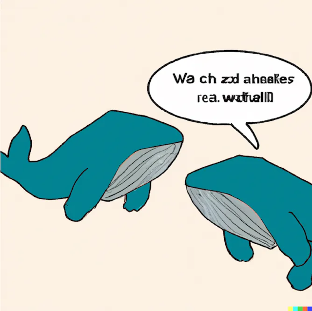 Gambar dua paus, dengan gelembung ucapan yang penuh dengan teks ucapan tidak jelas.