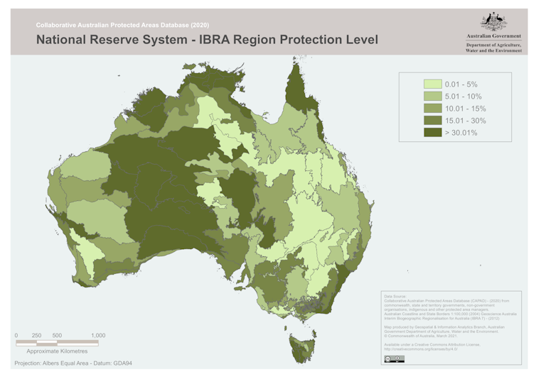 Map of Australia showing level of protection of bioregions