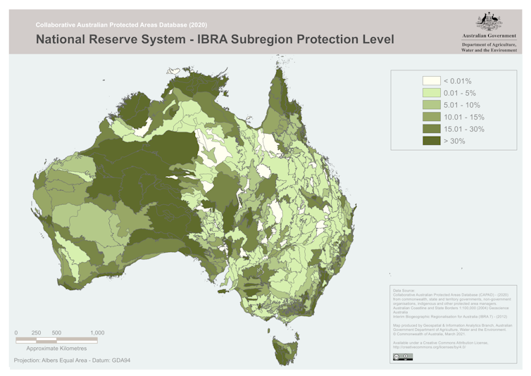 Map of Australia showing level of protection of subregions