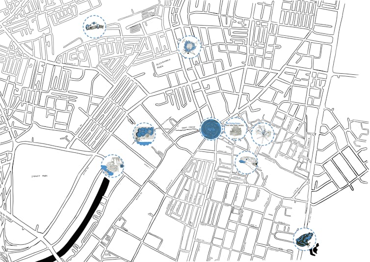 hand-drawn map with illustrations drawn in circles