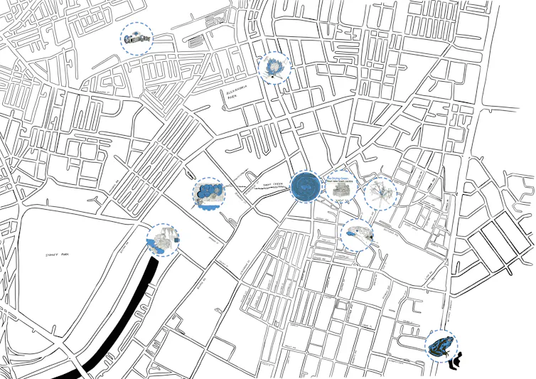 hand-drawn map with illustrations drawn in circles