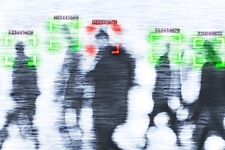 Blurry images of people being viewed through facial recognition cameras