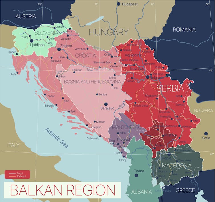 Coloured map of the Balkans.