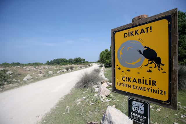A sign shows a beetle pushing a large gray sphere