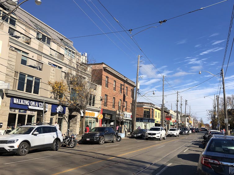 View of shops along Queen St. East in Toronto