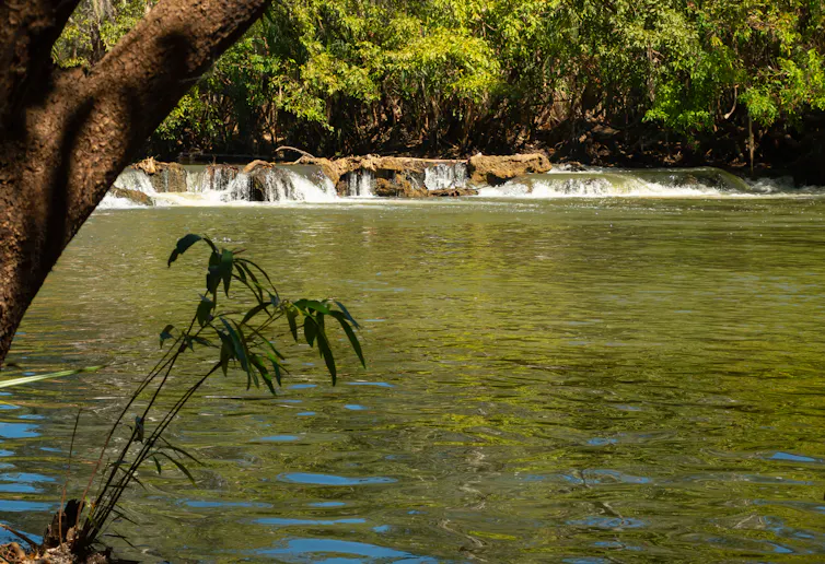 water flows over rocks in tropical river