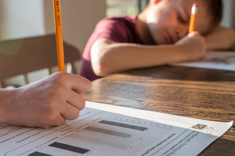 Two young students do worksheets at a kitchen table.