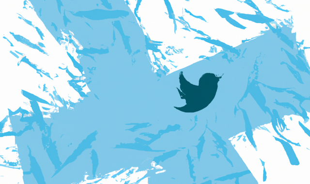 Illustration showing the Twitter bird logo in front of a disintegrating checkmark.