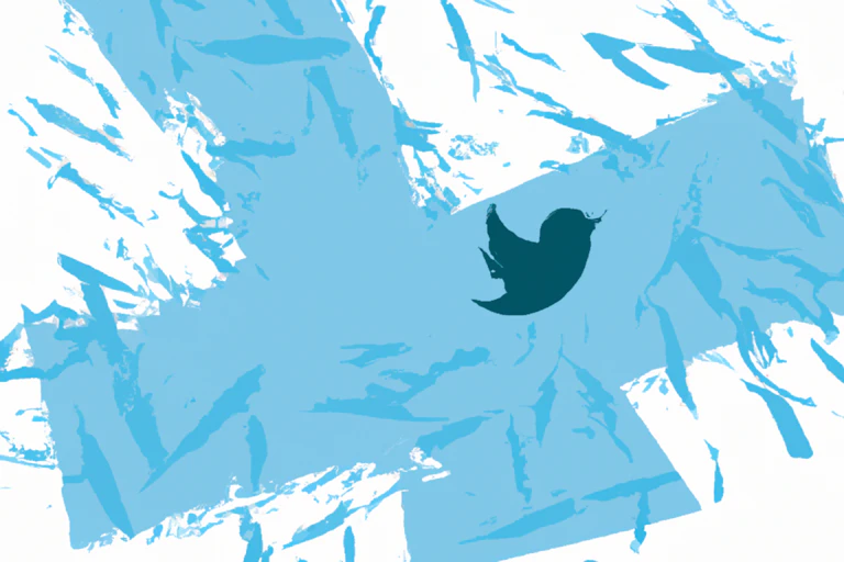 Illustration showing the Twitter bird logo in front of a disintegrating checkmark.