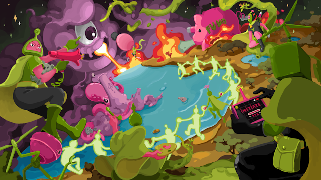 Digital artwork of a scene in which a purple monster (representing climate change is breathing flames onto the earth, and characters representing the seven climate superpowers are fighting to protect the earth.