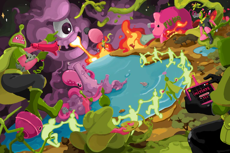 Digital artwork of a scene in which a purple monster (representing climate change is breathing flames onto the earth, and characters representing the seven climate superpowers are fighting to protect the earth.