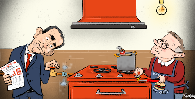 Cartoon of Treasurer Jim Chalmers turning the gas valve off, holding a final reminder bill, as PM Anthony Albanese looks worried at the light on the ceiling, about to cook something on the gas stove.