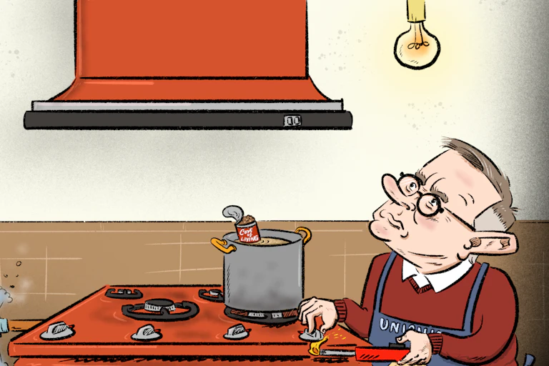 Cartoon of Treasurer Jim Chalmers turning the gas valve off, holding a final reminder bill, as PM Anthony Albanese looks worried at the light on the ceiling, about to cook something on the gas stove.