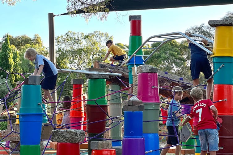 This playground seems to be built with plastic buckets.