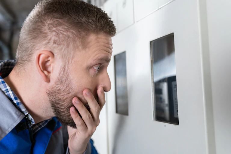 man looks shocked, stares at meter
