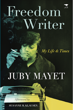 A book cover showing a woman smoking a cigarette as she types with one hand on a typewriter.
