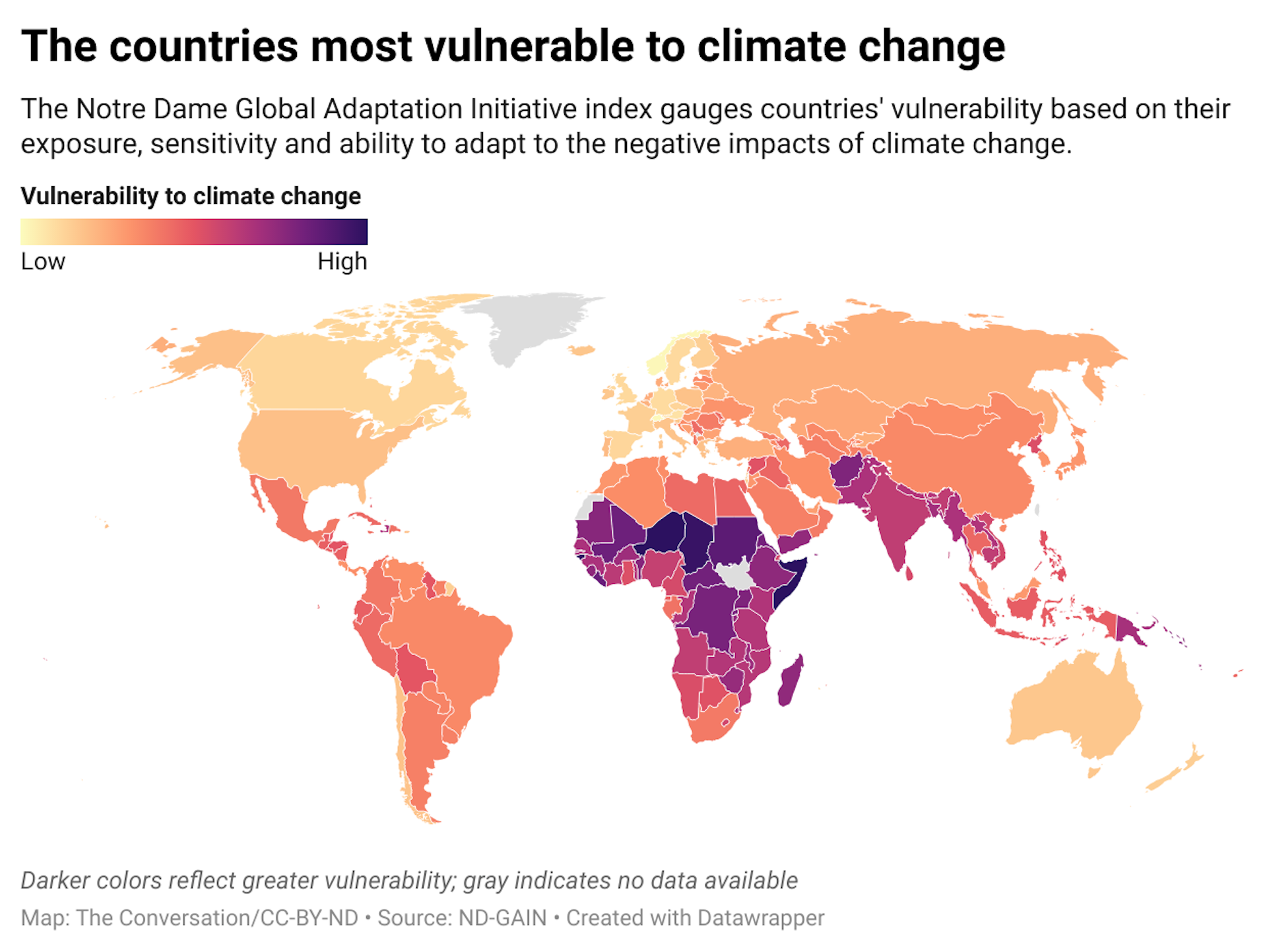 A map of the world with the countries color-coded according to their vulnerability to climate change.