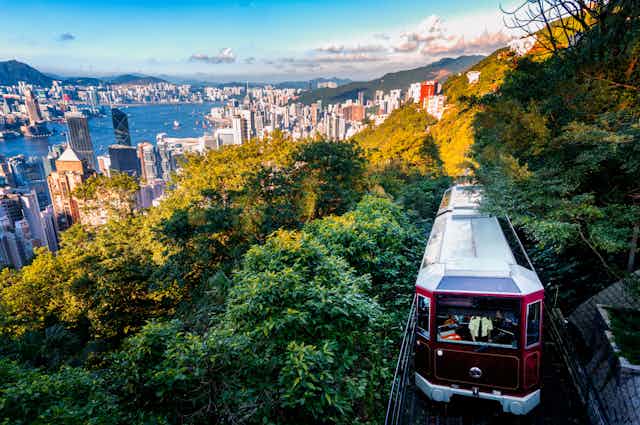 The view from the lush green hillsides overlooking Hong Kong's Victoria Harbor. The harbor is ringed with office towers. A commuter train runs through the image.