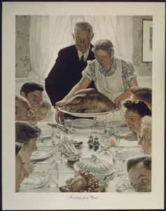 A painting depicting an old-fashioned, traditional Thanksgiving family feast