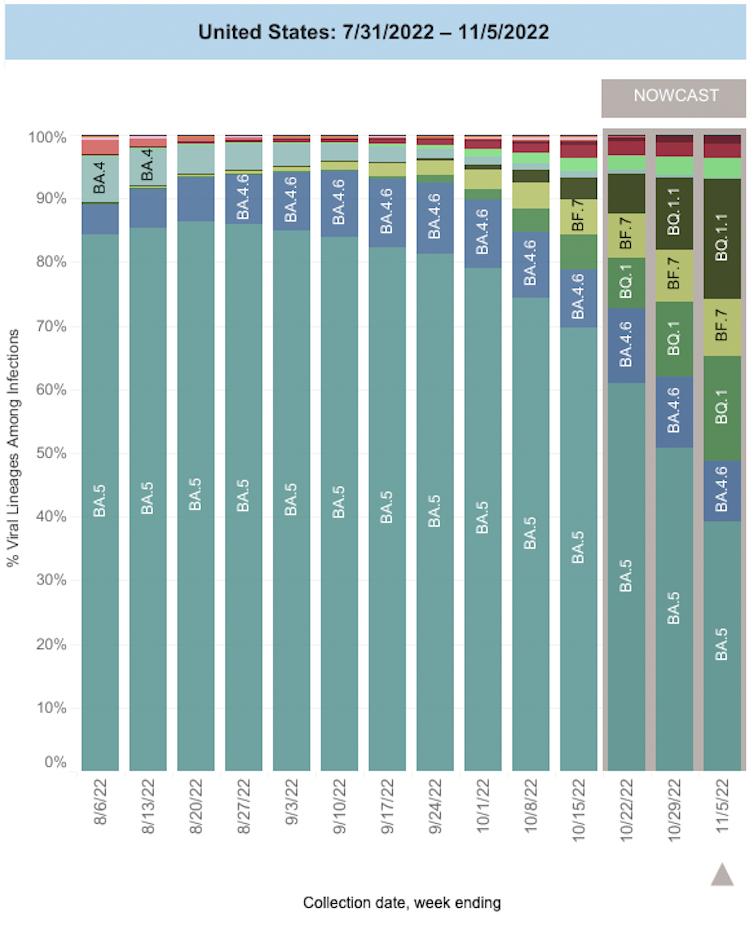 Graph showing the changing proportion of Omicron variants in the US