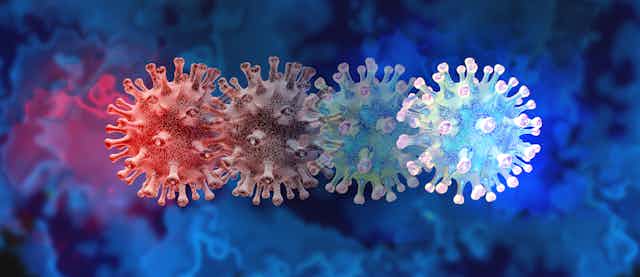 A graphic of differently coloured SARS-CoV-2 viruses