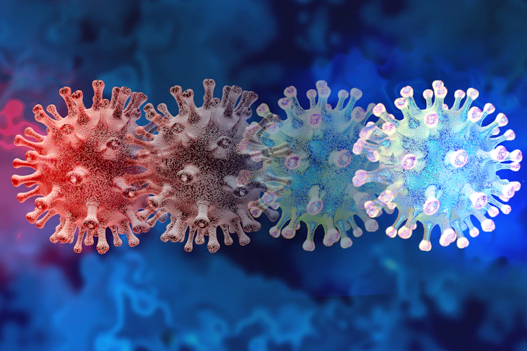 A graphic of differently coloured SARS-CoV-2 viruses