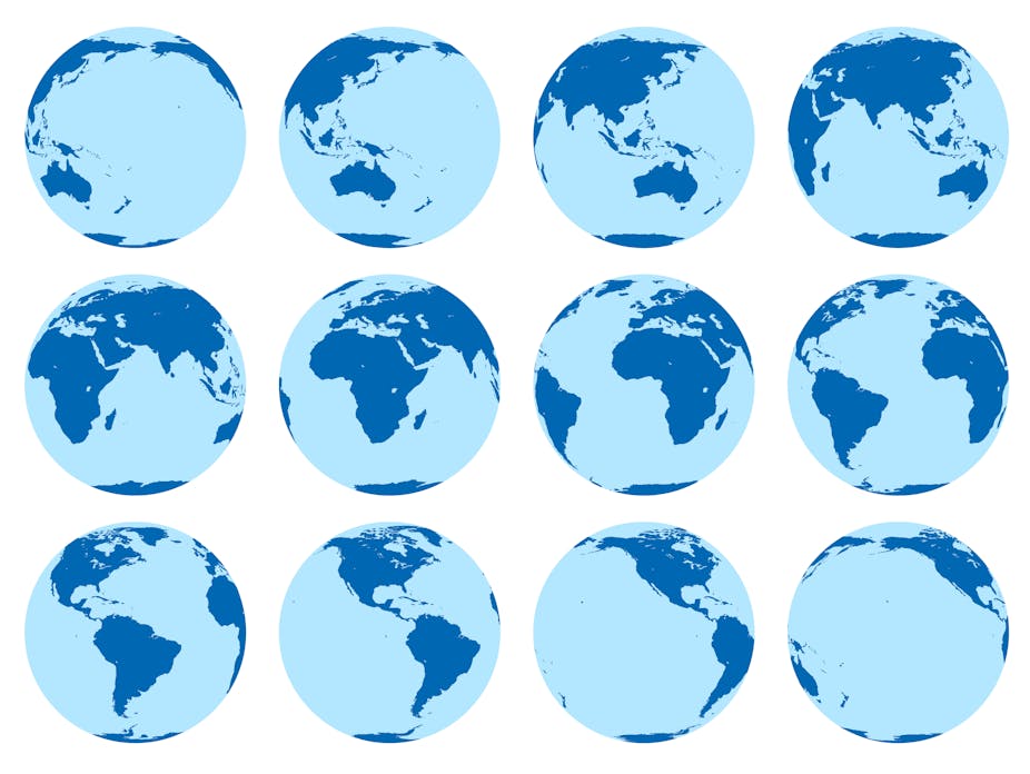 Ensemble d'images vectorielles de 12 globes plats montrant la rotation de la terre en deux heures. Rotation de 30 degrés.