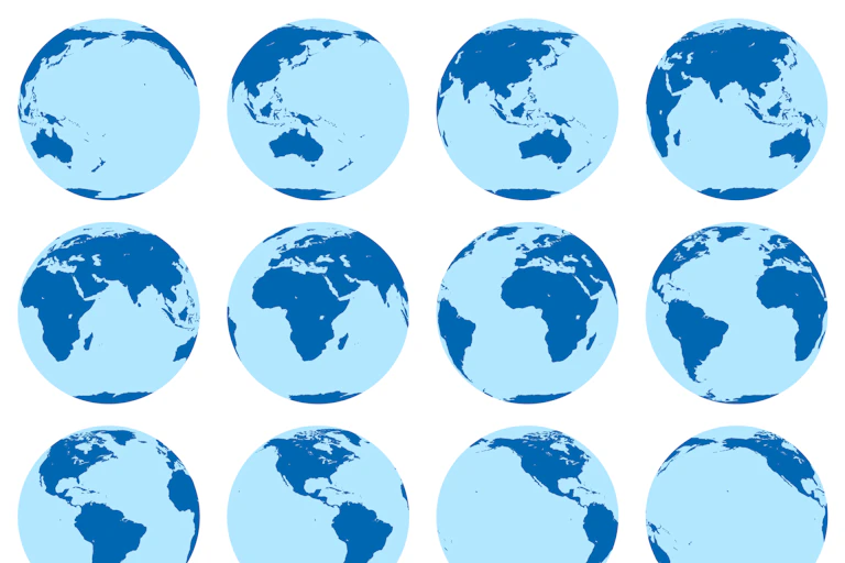 Ensemble d'images vectorielles de 12 globes plats montrant la rotation de la terre en deux heures. Rotation de 30 degrés.