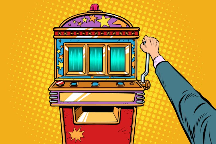 One-armed bandit slot machine.