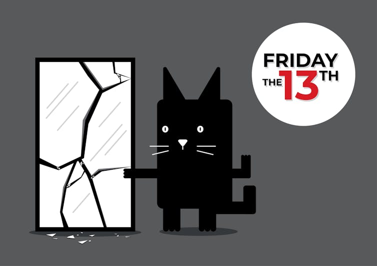 An illustration of a black cat, a broken mirror and the words, Friday the 13th.