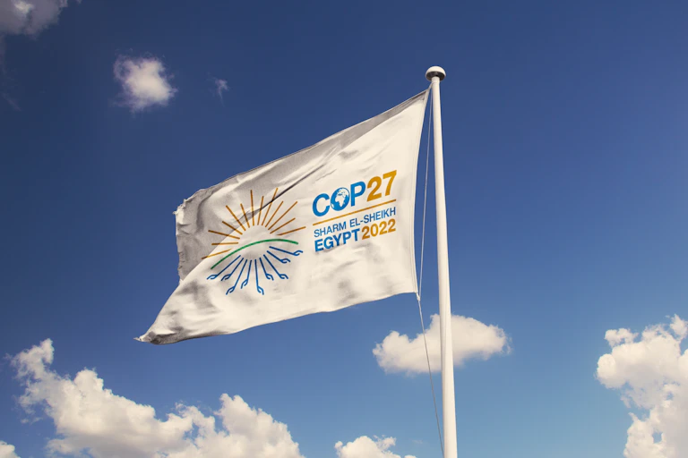 a flag flying with the text COP27 SHARM EL-SHEIKH EGYPT 2022