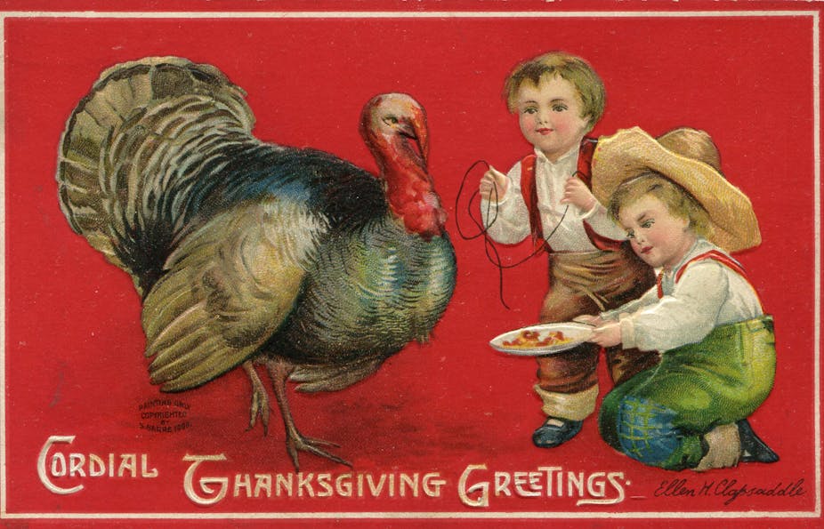 Old-fashioned Thanksgiving postcard featuring a turkey and two little boys