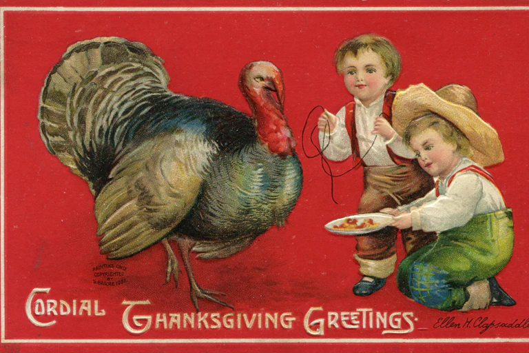 Old-fashioned Thanksgiving postcard featuring a turkey and two little boys