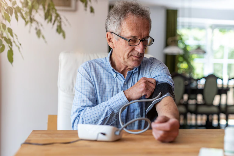 A man takes his own blood pressure at home.