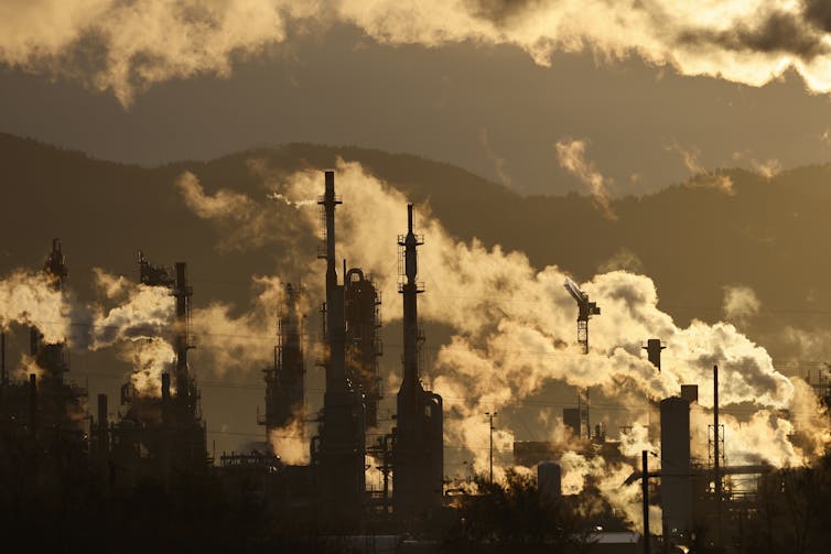 Smoke arises from power planst.