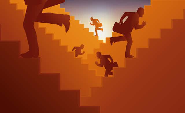 Illustration of men running up stairs.