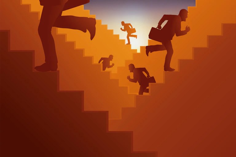 Illustration of men running up stairs.