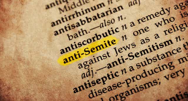 An old, yellowed dictionary page shows entries that begin with the letters 'ant,' including the word "anti-Semite,' which is highlighted.