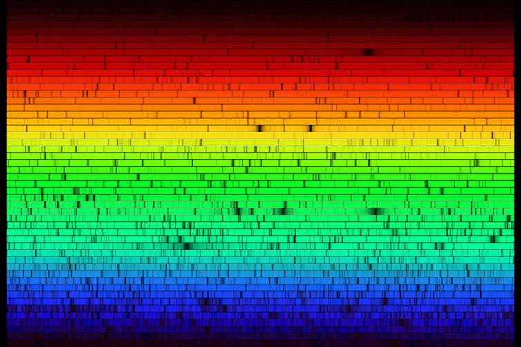 A detailed rainbow spectrum with many small black lines.