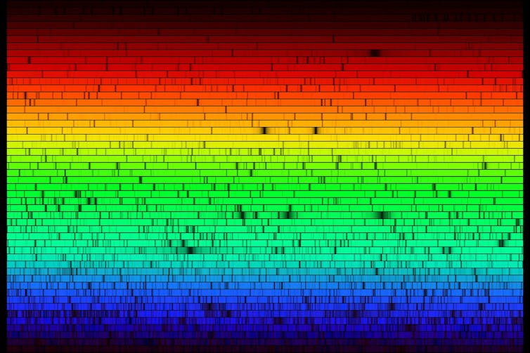 A detailed rainbow spectrum with many small black lines.