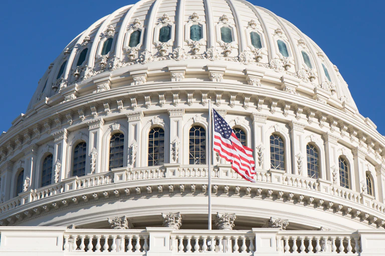 The white dome of the US Capitol building.