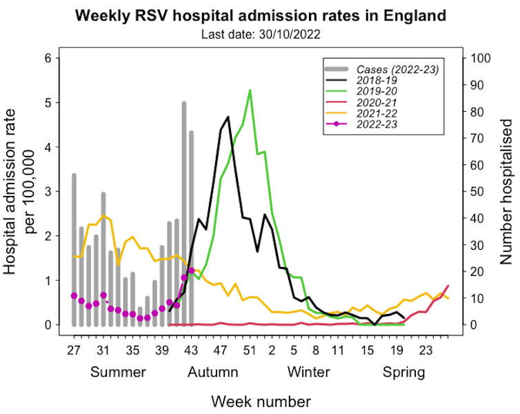 A graph showing RSV hospitalisations in England over recent years.
