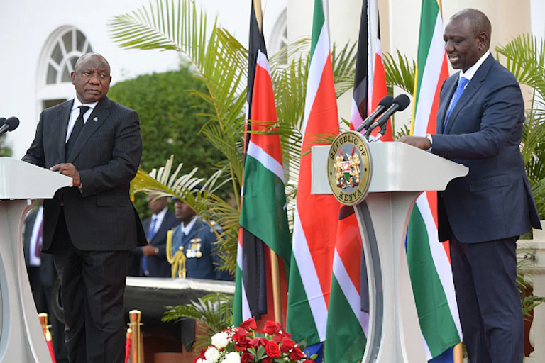 Cyril Ramaphosa and William Ruto during a joint press briefing in Nairobi