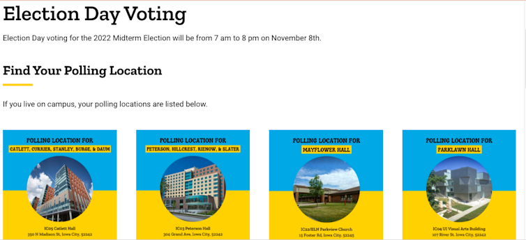 A screenshot from a University of Iowa website telling people where they could vote.