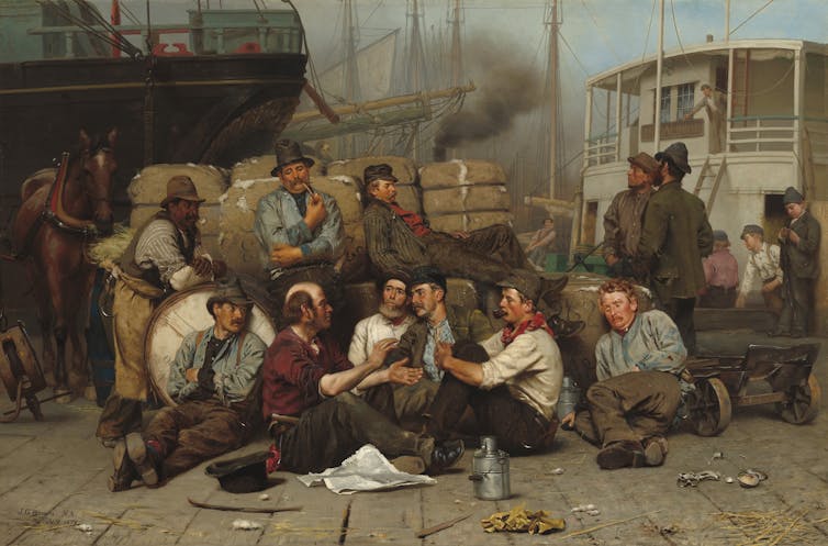 A painting of a group of men lounging on a wharf during their lunch break