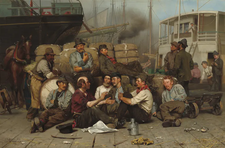 A painting of a group of men lounging on a wharf during their lunch break