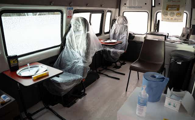 Interior of van fitted out with medical equipment