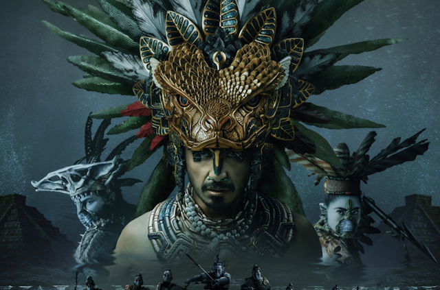 Art work of man wearing feathered headdress in front of Mayan pyramids.