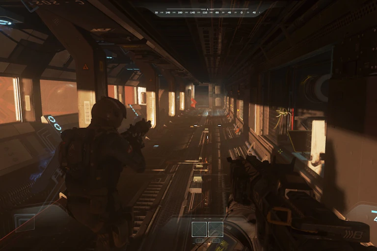 PS4 screen still from Call of Duty, showing gunmen walking along a dark corridor