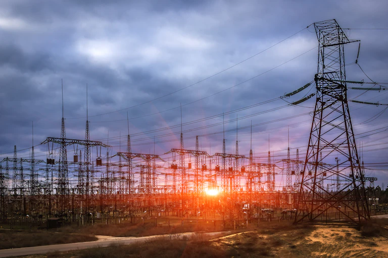 Power lines with sun behind them